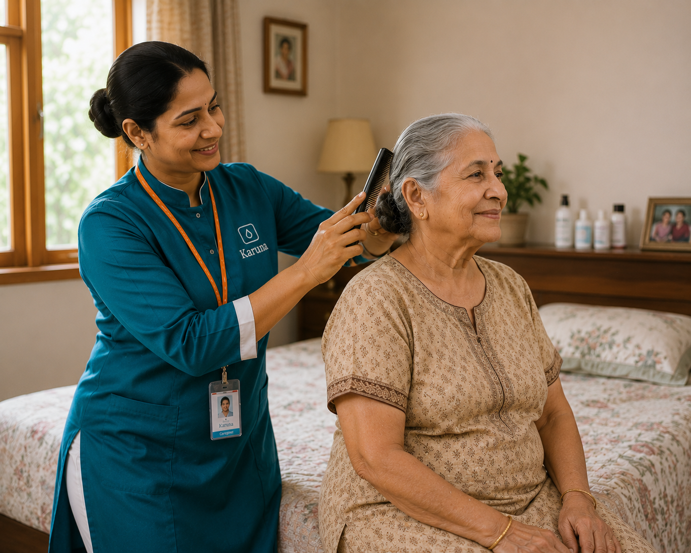 Karuna caregiver helping an elderly person with their morning routine